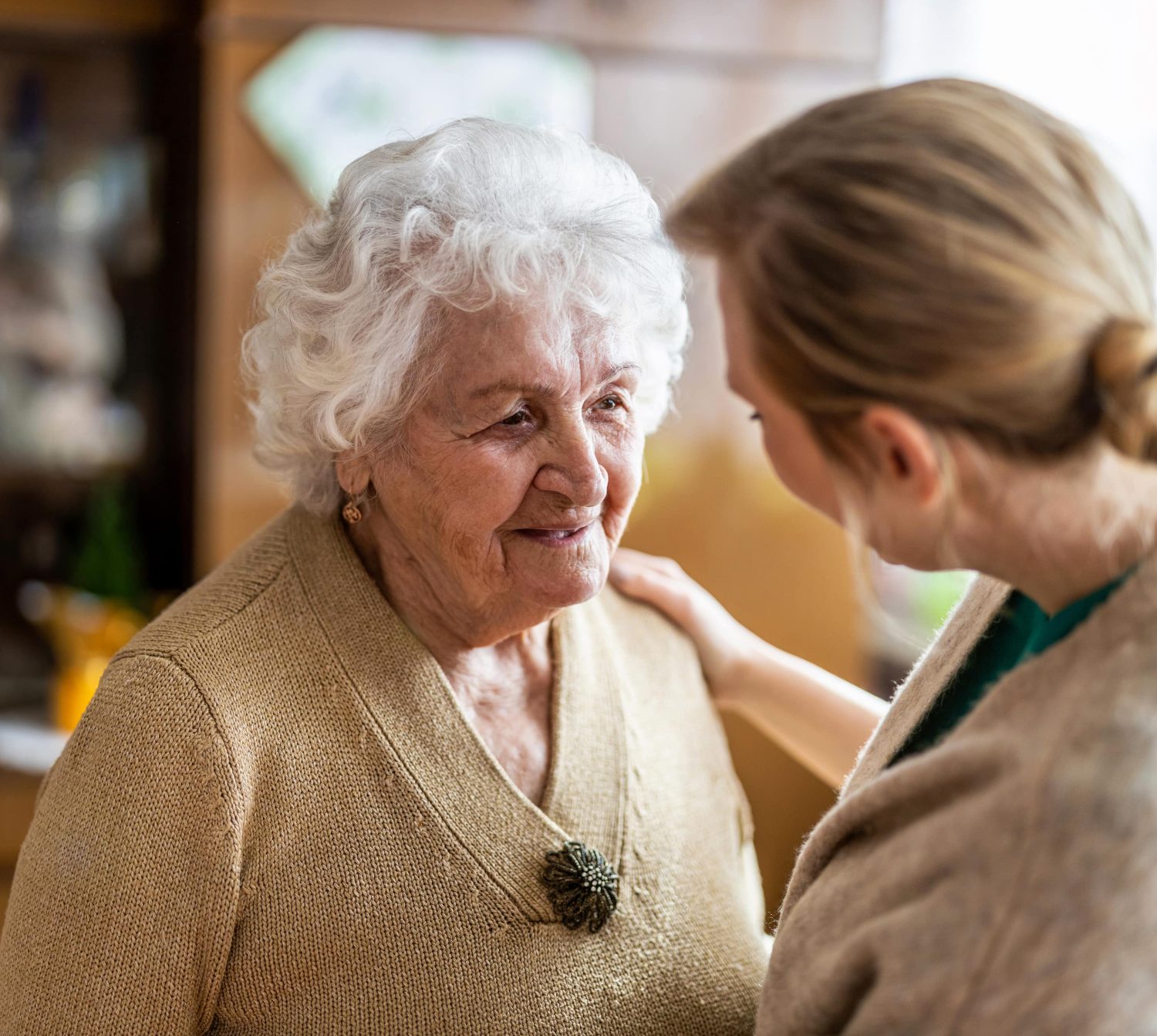 Female health visitor talking to a senior woman during home visit